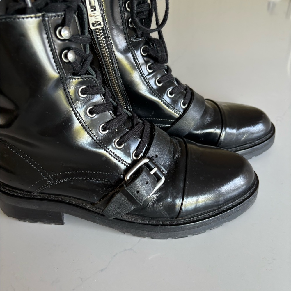 All Saints DONITA Black Combat Boots with Buckle Strap and Cap Toe